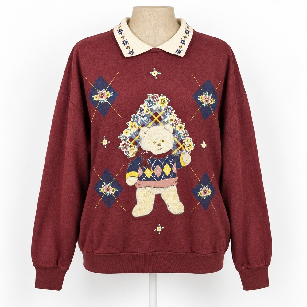 Vintage 90s Teddy Bear Argyle Collared Sweatshirt Size L Red Cottagecore Granny